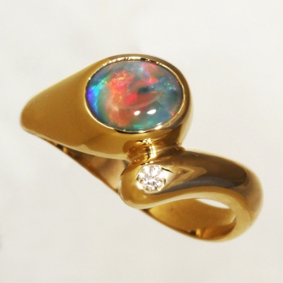 CUSTOM MADE 18k Yellow Gold Ring with a diamond and a SOLID BLACK OPAL Bright red Flame pattern. SEE VIDEO